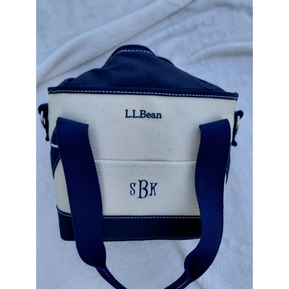 LL Bean Insulated Lunch Box Canvas Cooler Bag Navy Cream Monogram SBK